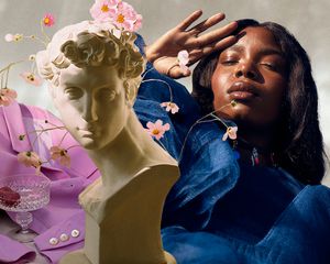 Collage art with model wearing blue dress.