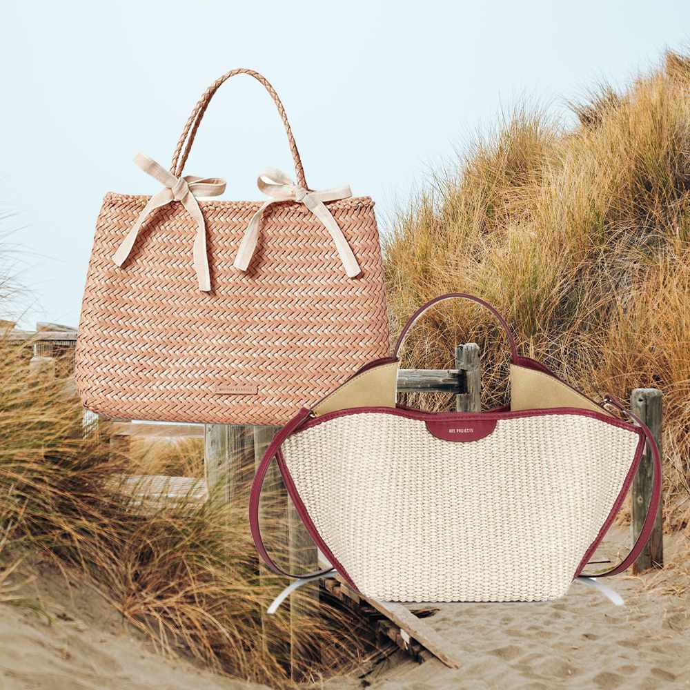 Woven bags outfit collage