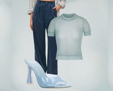 Blue sheer top outfit collage