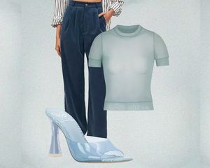Blue sheer top outfit collage