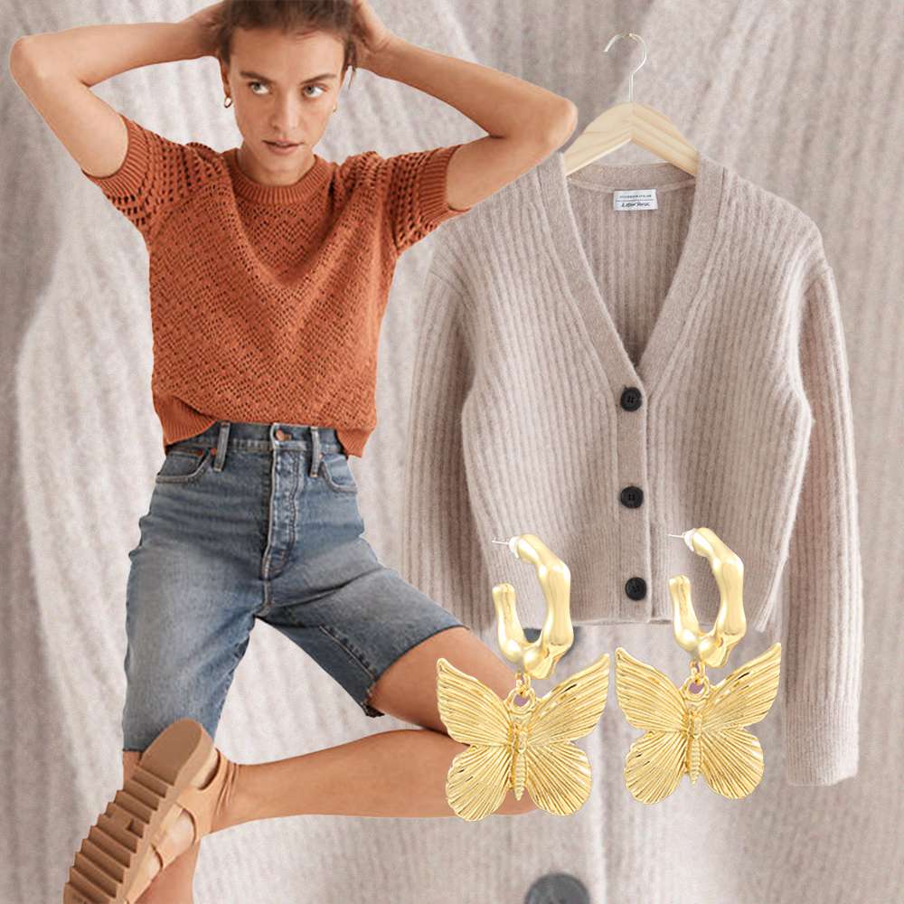Sweater and jean shorts outfit collage