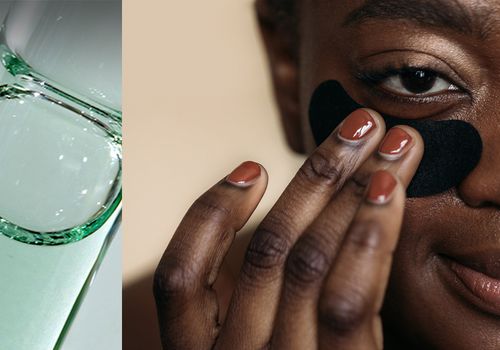 split image of an oil and lotion along with someone applying product under their eyes