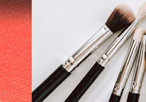 collage of a smeared makeup and makeup brushes