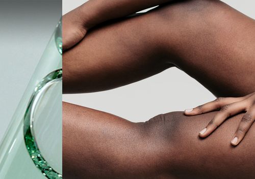 split image of lotion, oil and a persons legs stretched out