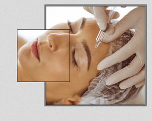 Beautician doing beauty procedure with syringe to face of young brunette woman