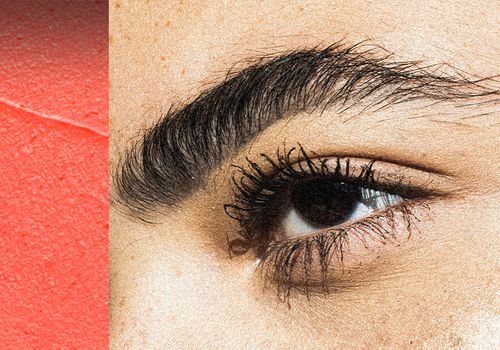 collage of a smeared makeup and an image of someones eye and eyebrow