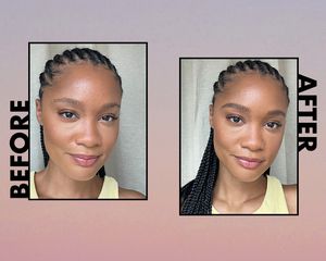 The author before (left) and after (right) applying brow wig