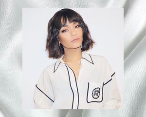 vanessa hudgens with blunt bob haircut with bangs