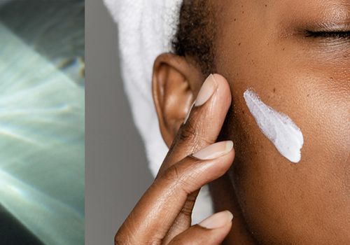 split image of a vial of oil and someone putting a lotion on their face