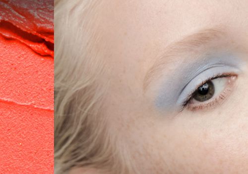 collage of a a makeup smear and a woman with light colored eye shadow
