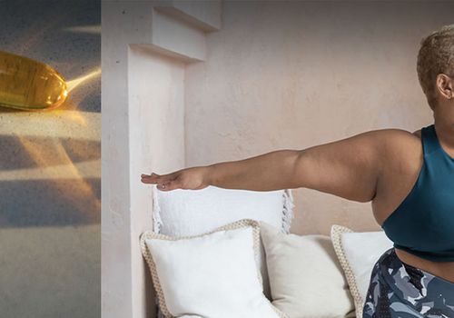 collage with an image of gelcaps and a person in a yoga pose