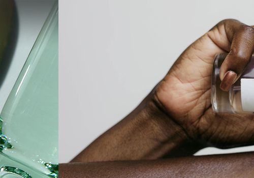 split image of some lotion, oil and someone spraying a fragrance on their wrist