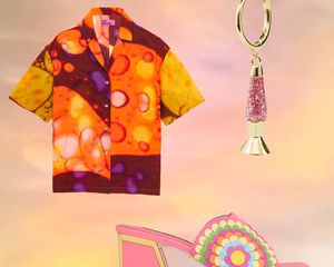 Psychedelic prints on a shirt, shoes, and lava lamp earring.