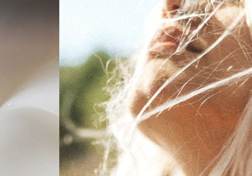 collage of swirled lotion and someone facing to the sky with the sun shining through their hair