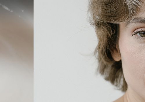 a collage of swirled lotion and a persons face looking into the camera with a short hair style