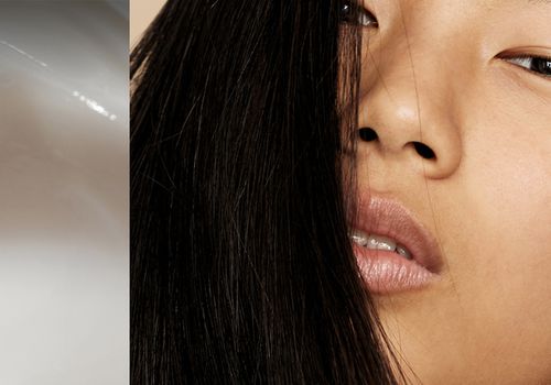 collage of swirled lotion image and a woman facing the camera with hair over her face