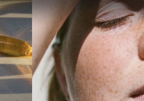 collage with an image of gelcaps and a persons face getting sunlight