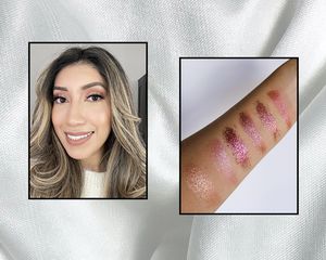The author wearing eyeshadows from the Huda Beauty The New Nude Palette (left) and swatches of the eyeshadows (right).