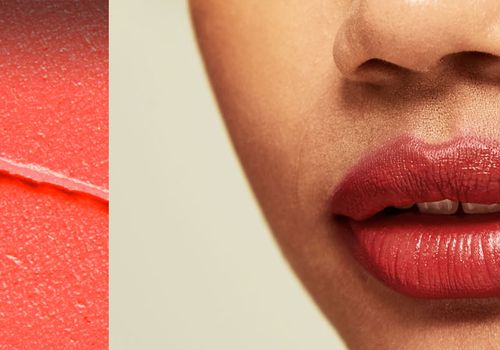 collage of a smeared makeup and a zoomed in image of someones lips with red lipstick on them