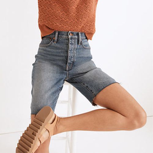 High-Rise Long Denim Shorts in Brightwood Wash ($84.50)