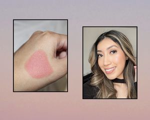 A swatch of the Nars Liquid Blush (left) and the author wearing the blush (right)
