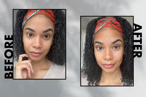 The author before (left) and after (right) applying the Nars Laguna Bronzing Powder.
