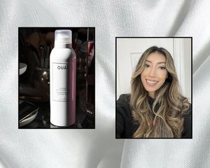 left: ouai super dry shampoo in light, right: karla ayala after testing the ouai product