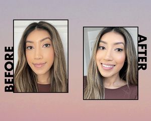 Karla Ayala before (left) and after (right) the Pat McGrath Labs Lip Fetish Astral Lip Balm.