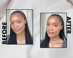 The author before (left) and after (right) applying the Rare Beauty foundation.