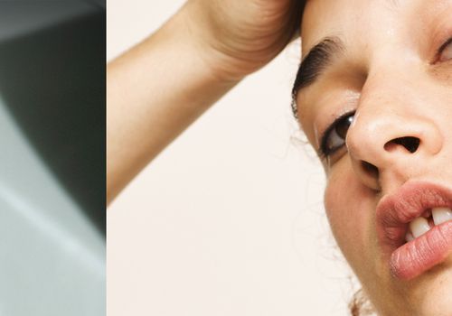 split image of an oil vial and someone posing like they are looking in the mirror at their face