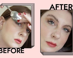 woman curling lashes with a spoon