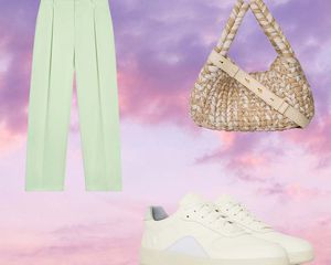 Collage of sustainable pants, handbag, and sneakers