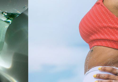 split image of an oil vial and a person with several tattoos