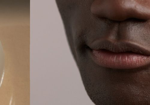 collage of lotion from a tube and a person using a face roller on their cheek