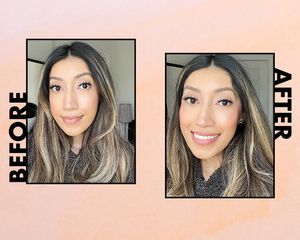 Byrdie writer Karla Ayala before and after applying Youthforia BYO Blush
