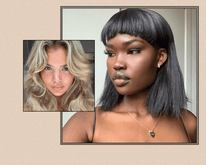 women wearing black baby bang bob and blonde 70s layers