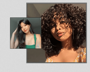 Women with curtain bangs and curly hair layers
