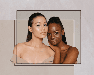 Two Women of Color Model Neutral, Nude Makeup on a Designed Background